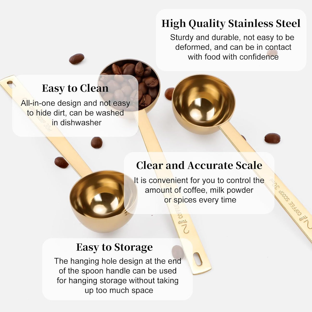 3Pcs Coffee Measuring Scoop Spoons, Stainless Steel Coffee Scoop
