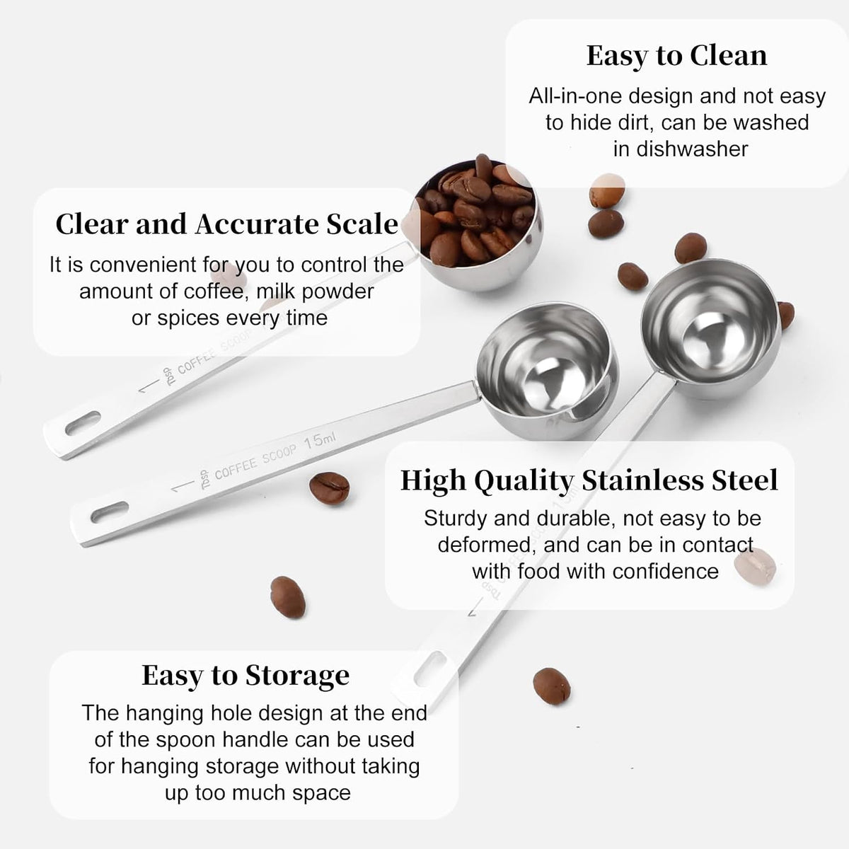3Pcs Coffee Measuring Scoop Spoons, Stainless Steel Coffee Scoop