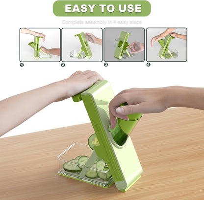 Safe Mandoline Slicer for Kitchen, Vegetable Slicer with Container, French Fry Cutter, All in 1 Julienne Slicer for Potato, Thickness Adjustable, Detachable Blade, Dishwasher Safe（Green）