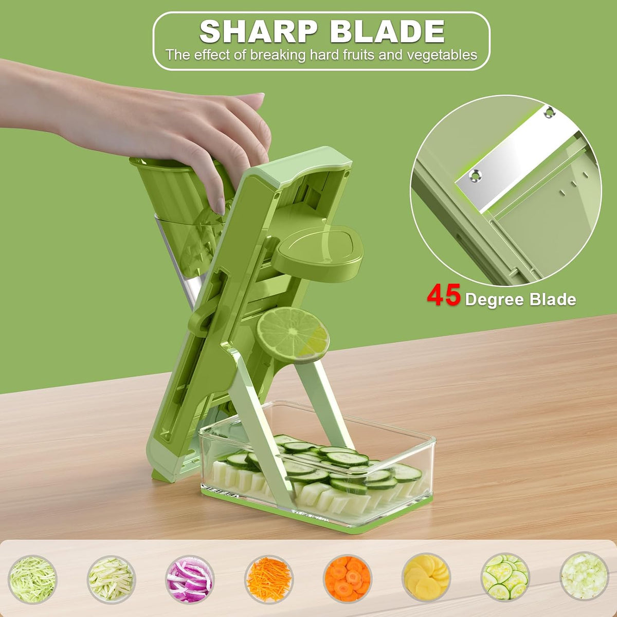 Safe Mandoline Slicer for Kitchen, Vegetable Slicer with Container, French Fry Cutter, All in 1 Julienne Slicer for Potato, Thickness Adjustable, Detachable Blade, Dishwasher Safe（Green）