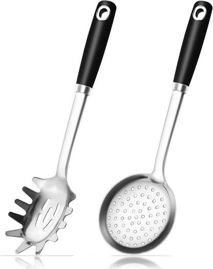 14-in Cooking Spoons Set, Heavy Duty 18/0 Stainless Steel Large Serving Spoons Set, Slotted Spoon, Cooking Spoon & Soup Ladle, Commercial and Residential Use, Pack of 3