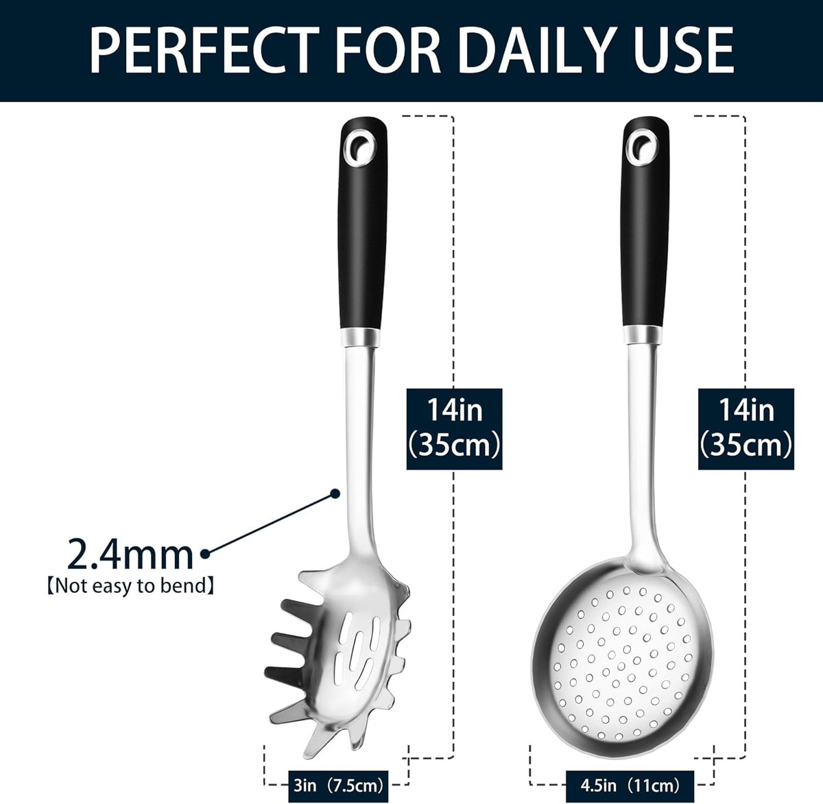 14-in Cooking Spoons Set, Heavy Duty 18/0 Stainless Steel Large Serving Spoons Set, Slotted Spoon, Cooking Spoon & Soup Ladle, Commercial and Residential Use, Pack of 3