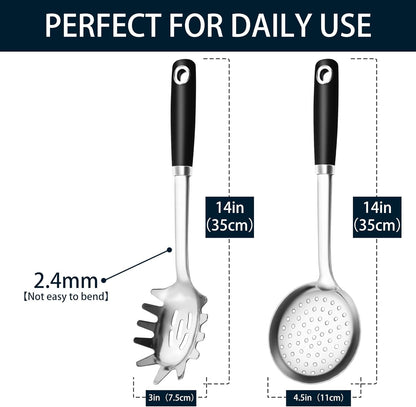 14-in Cooking Spoons Set, Heavy Duty 18/0 Stainless Steel Large Serving Spoons Set, Slotted Spoon, Cooking Spoon & Soup Ladle, Commercial and Residential Use, Pack of 3