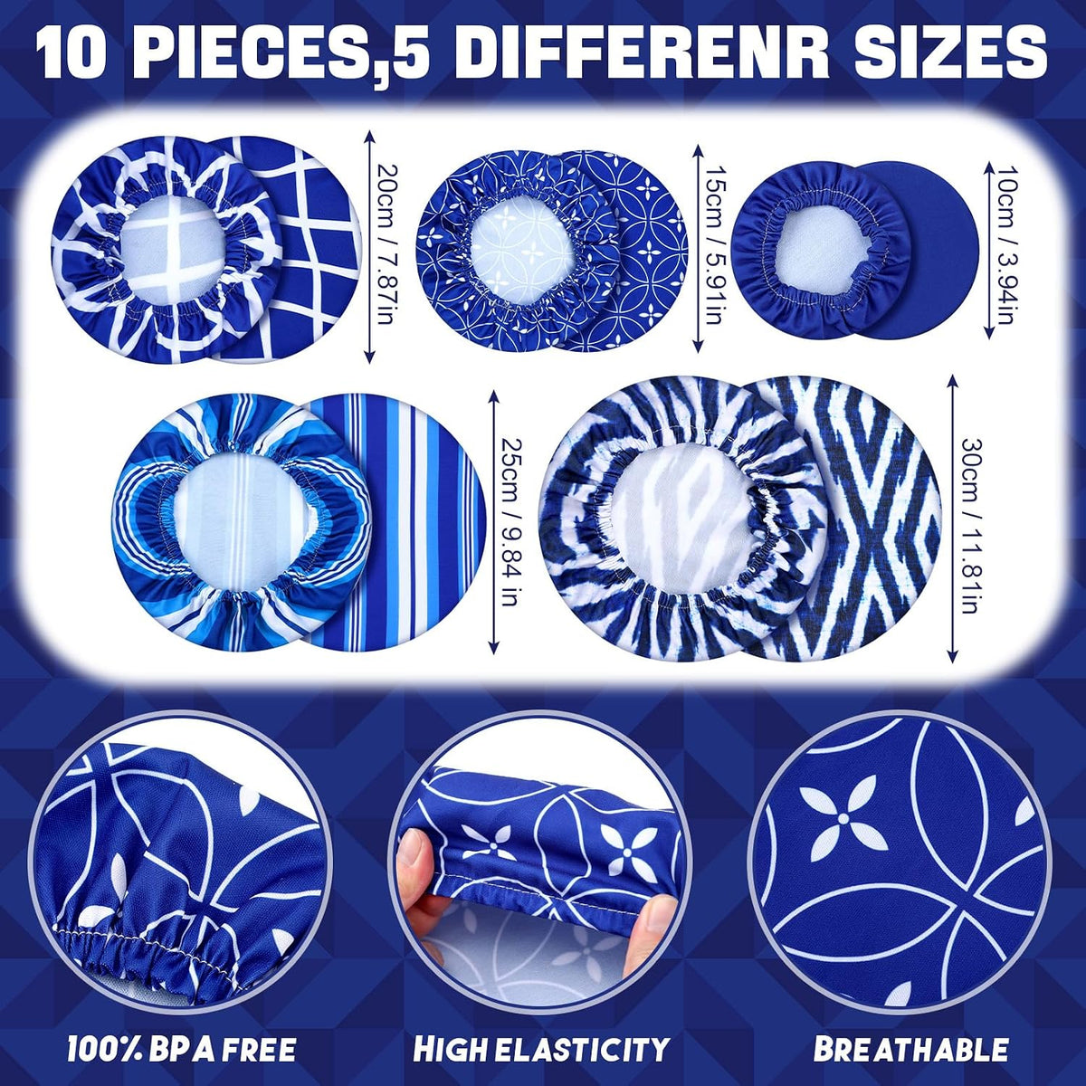 10 Pack Cloth Bowl Covers for Bread Rising - 5 Size Stretch Elastic Food Storage Container Lids - Reusable Cotton Fabric Covers for Food, Fruits, Leftovers (Stylish)