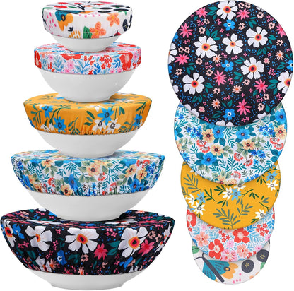 10 Pack Cloth Bowl Covers for Bread Rising - 5 Size Stretch Elastic Food Storage Container Lids - Reusable Cotton Fabric Covers for Food, Fruits, Leftovers (Stylish)