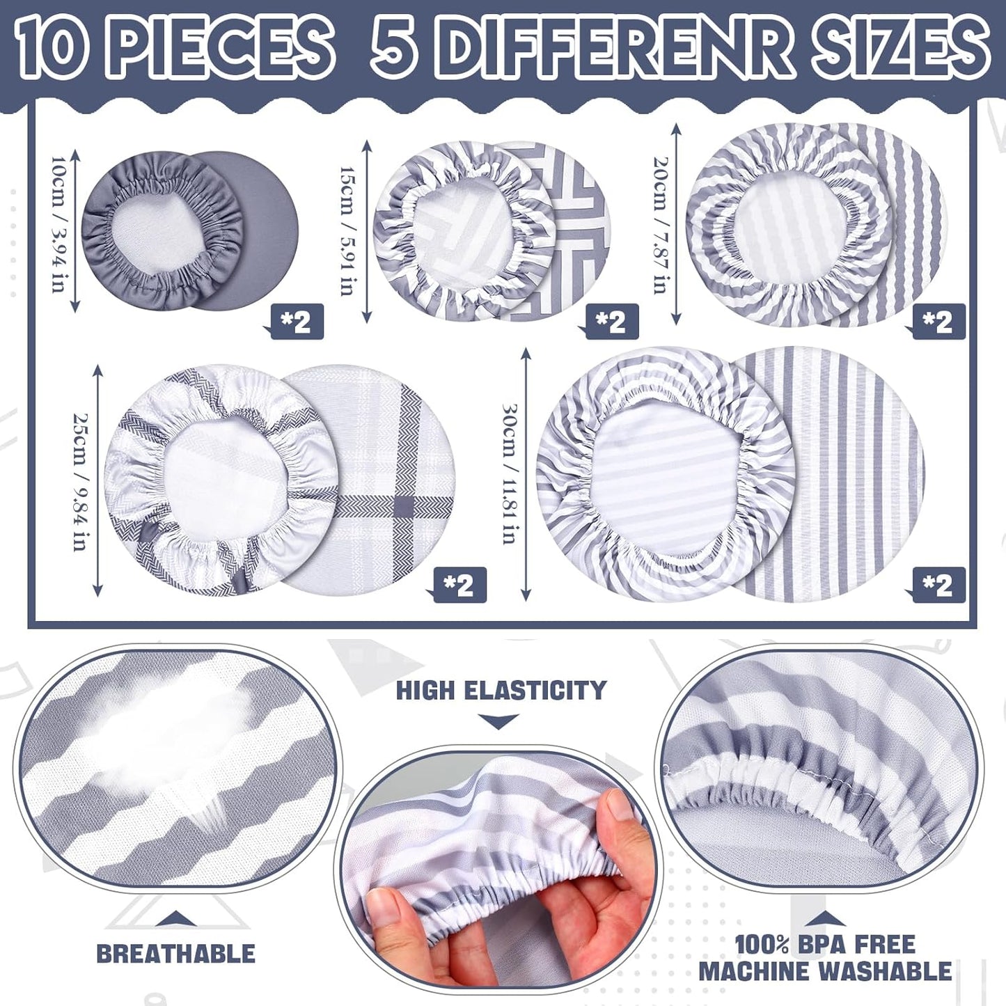 10 Pack Cloth Bowl Covers for Bread Rising - 5 Size Stretch Elastic Food Storage Container Lids - Reusable Cotton Fabric Covers for Food, Fruits, Leftovers (Stylish)