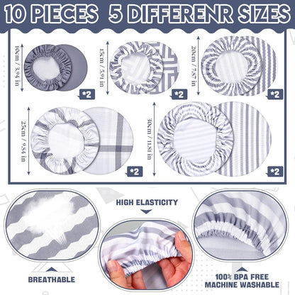 10 Pack Cloth Bowl Covers for Bread Rising - 5 Size Stretch Elastic Food Storage Container Lids - Reusable Cotton Fabric Covers for Food, Fruits, Leftovers (Stylish)