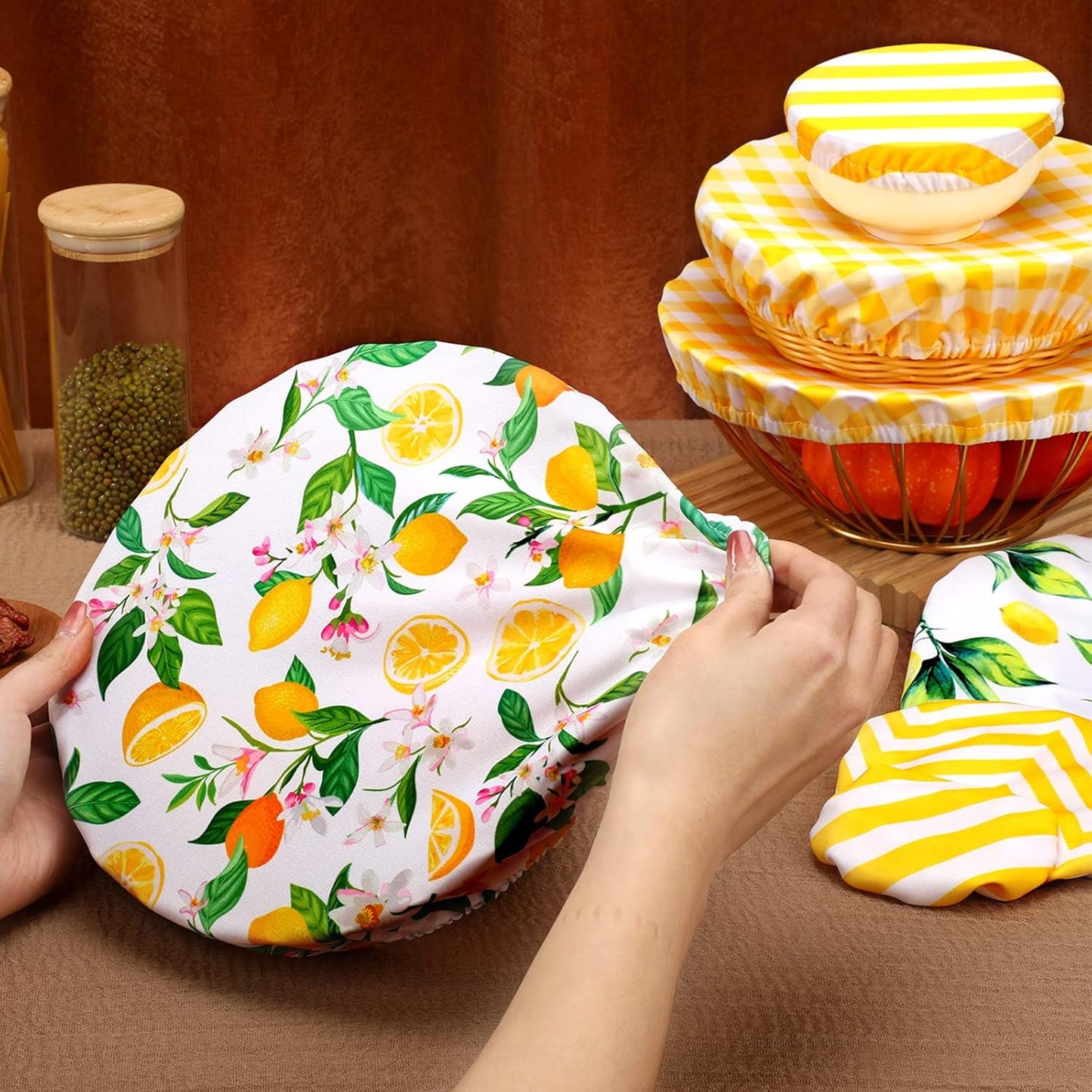 10 Pack Cloth Bowl Covers for Bread Rising - 5 Size Stretch Elastic Food Storage Container Lids - Reusable Cotton Fabric Covers for Food, Fruits, Leftovers (Stylish)