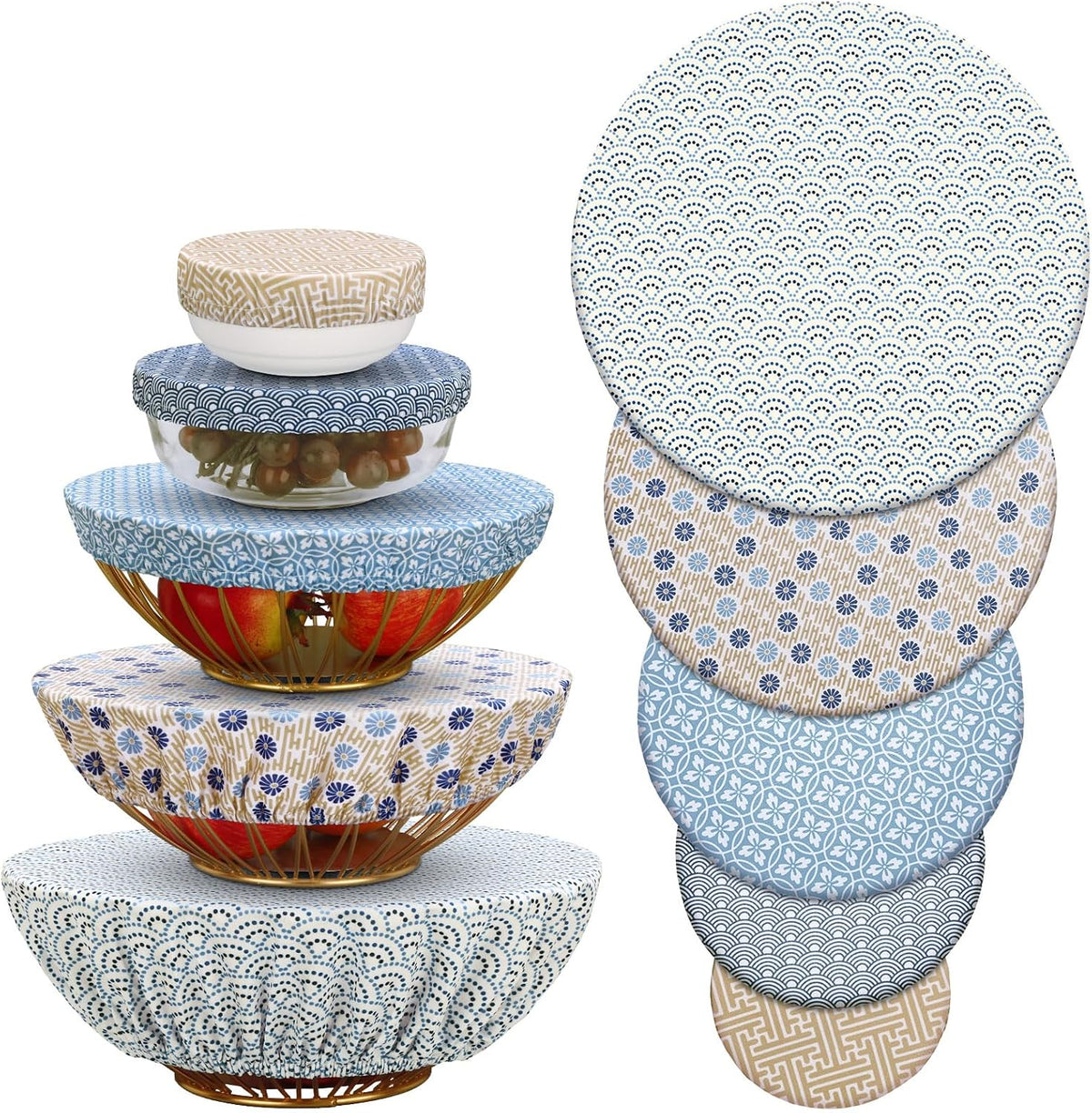 10 Pack Cloth Bowl Covers for Bread Rising - 5 Size Stretch Elastic Food Storage Container Lids - Reusable Cotton Fabric Covers for Food, Fruits, Leftovers (Stylish)