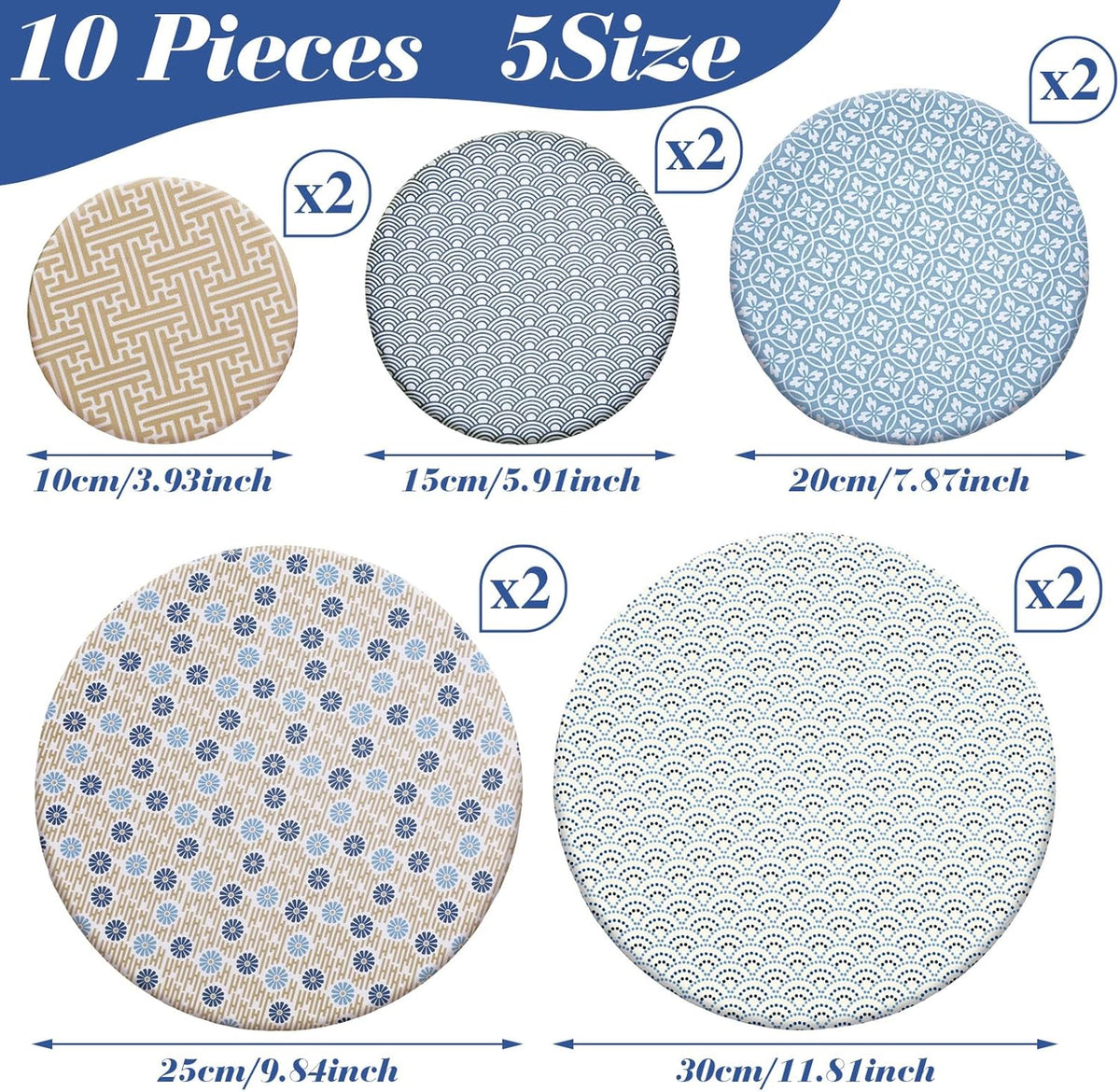 10 Pack Cloth Bowl Covers for Bread Rising - 5 Size Stretch Elastic Food Storage Container Lids - Reusable Cotton Fabric Covers for Food, Fruits, Leftovers (Stylish)