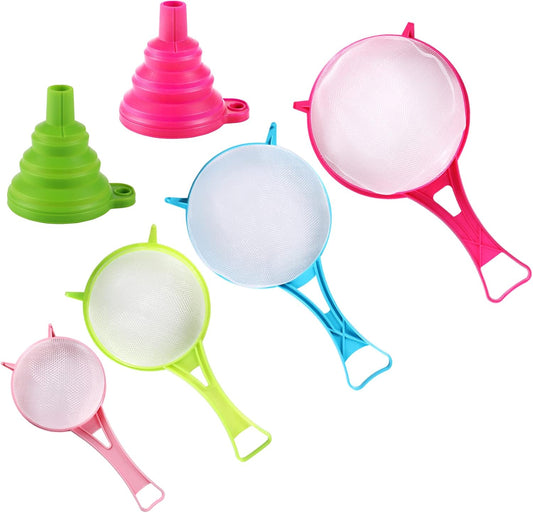 4Pcs Plastic Mesh Strainer Colander Set, Food Soy Milk Flour Sieve Long Handle Icing Sugar Sifters Fine Strainer Tea Filter and 2 Pcs Silicone Foldable Funnel for Kitchen