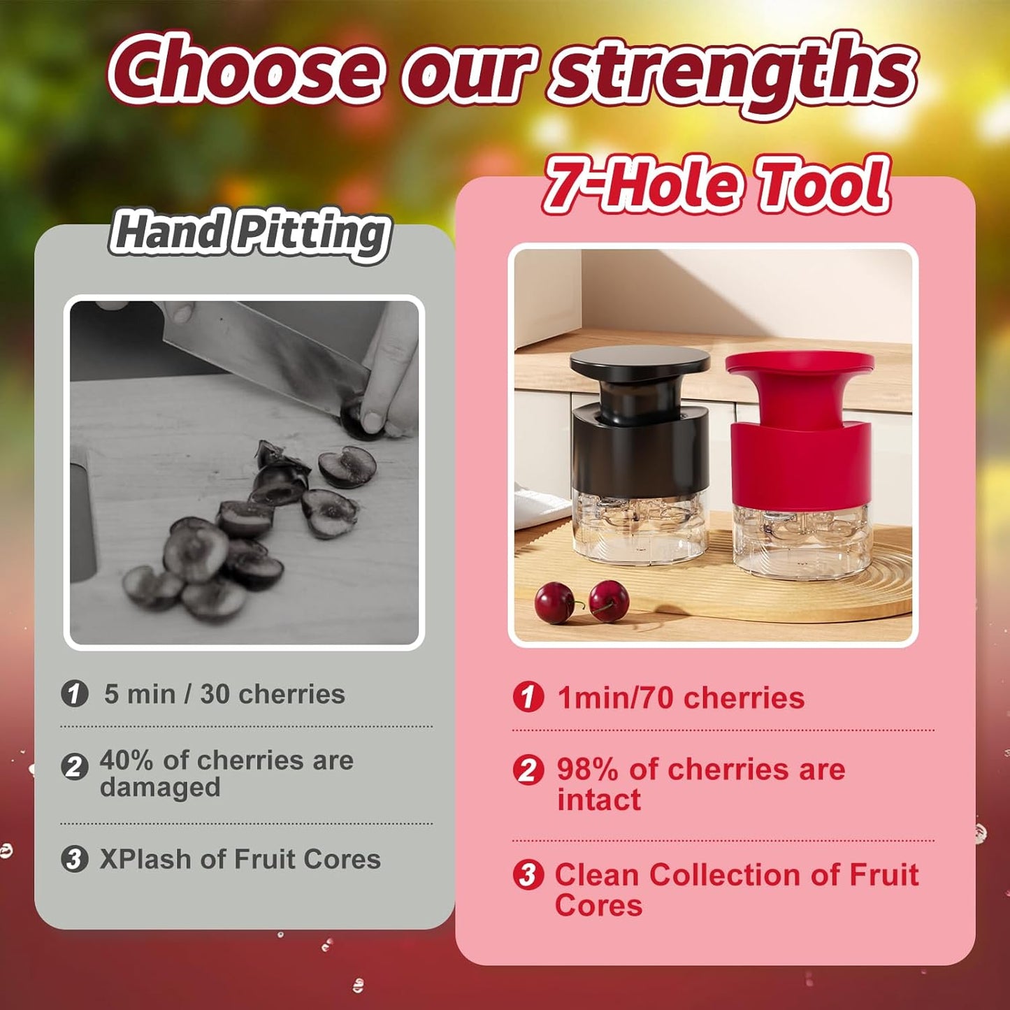 Cherry Pitter - Quick Release Multi Cherries Stoner Pitter 7-in-1, Push Button Cherr'y Core Pit'ter Tool Multiple with Splatter Protector, Pit Seed Remover for Making Jam Cherry Dishes (Red)