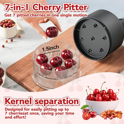 Cherry Pitter - Quick Release Multi Cherries Stoner Pitter 7-in-1, Push Button Cherr'y Core Pit'ter Tool Multiple with Splatter Protector, Pit Seed Remover for Making Jam Cherry Dishes (Red)