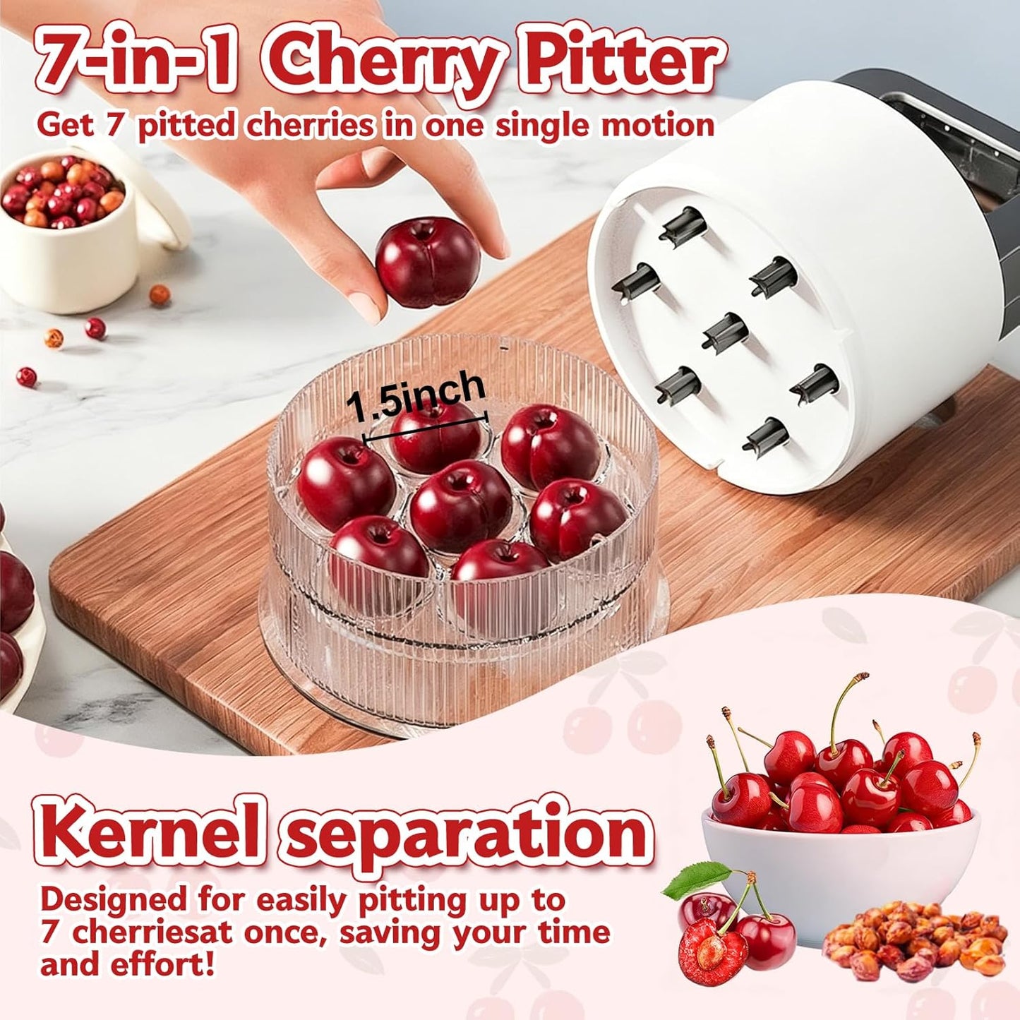 Cherry Pitter - Quick Release Multi Cherries Stoner Pitter 7-in-1, Push Button Cherr'y Core Pit'ter Tool Multiple with Splatter Protector, Pit Seed Remover for Making Jam Cherry Dishes (Red)