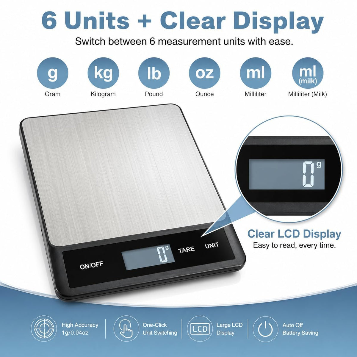 33LB/15KG Digital Kitchen Scale, USB Rechargeable Stainless Steel
