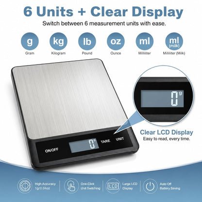 33LB/15KG Digital Kitchen Scale, USB Rechargeable Stainless Steel