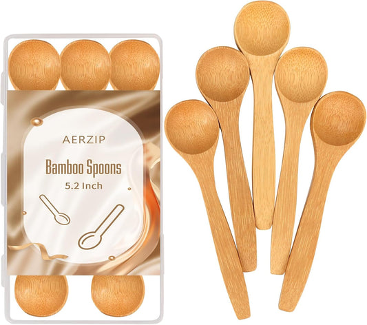 5.2 Inch Bamboo Spoons, Small Wooden Spoons for Condiments, Spices, Sugar, Salt, Jam, Coffee, Hrbs and Honey, Tiny wood Teaspoons for Serving Kitchen (5 PCS)