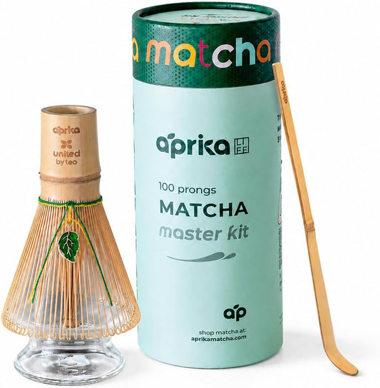 Matcha Whisk Holder Set, Bamboo Chasen with Glass Stand and Scoop, 100 Prong Tea Whisk for Japanese Green Tea Powder