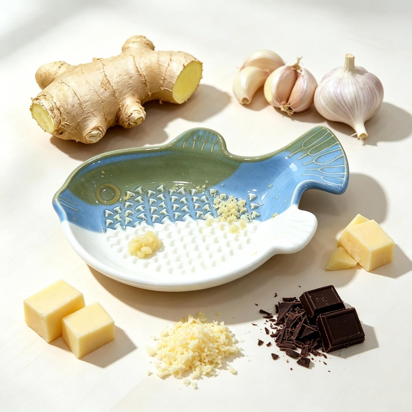 1PCS Ceramic Fish Ginger Grater with Brush 4.8 Inch | Ceramic Grater with Fish-shape, Dishwasher Safe. Includes Cleaning Brush, For Wasabi, Carrot, Cucumber, Kitchen Gadget