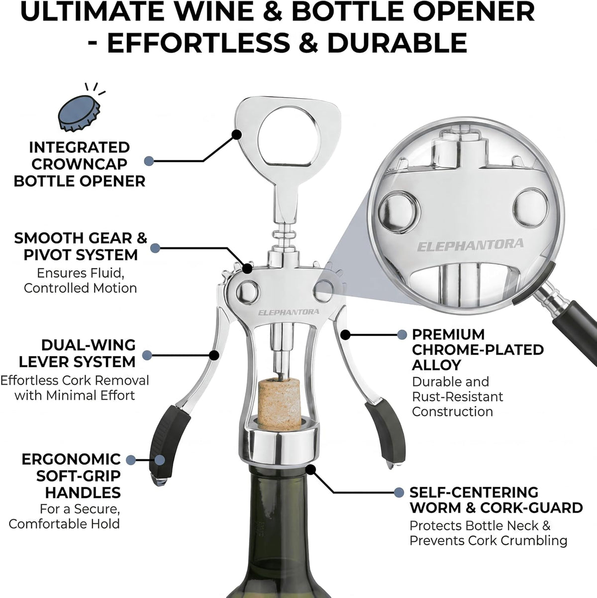Wine Opener, Zinc Alloy Premium Wing Corkscrew with Multifunctional Bottles Opener, Sharp Wine Corkscrew with Ergonomic Non-Slip Wing Handle, Silver