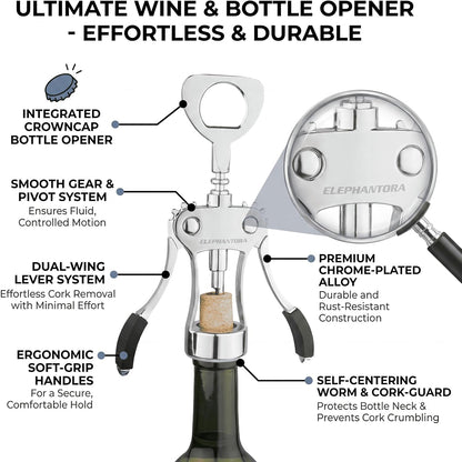 Wine Opener, Zinc Alloy Premium Wing Corkscrew with Multifunctional Bottles Opener, Sharp Wine Corkscrew with Ergonomic Non-Slip Wing Handle, Silver