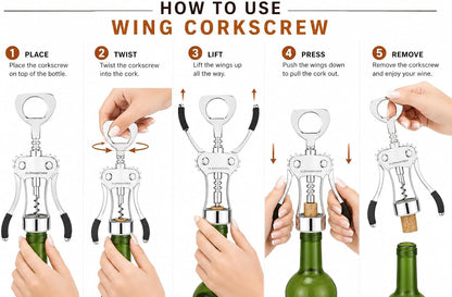 Wine Opener, Zinc Alloy Premium Wing Corkscrew with Multifunctional Bottles Opener, Sharp Wine Corkscrew with Ergonomic Non-Slip Wing Handle, Silver