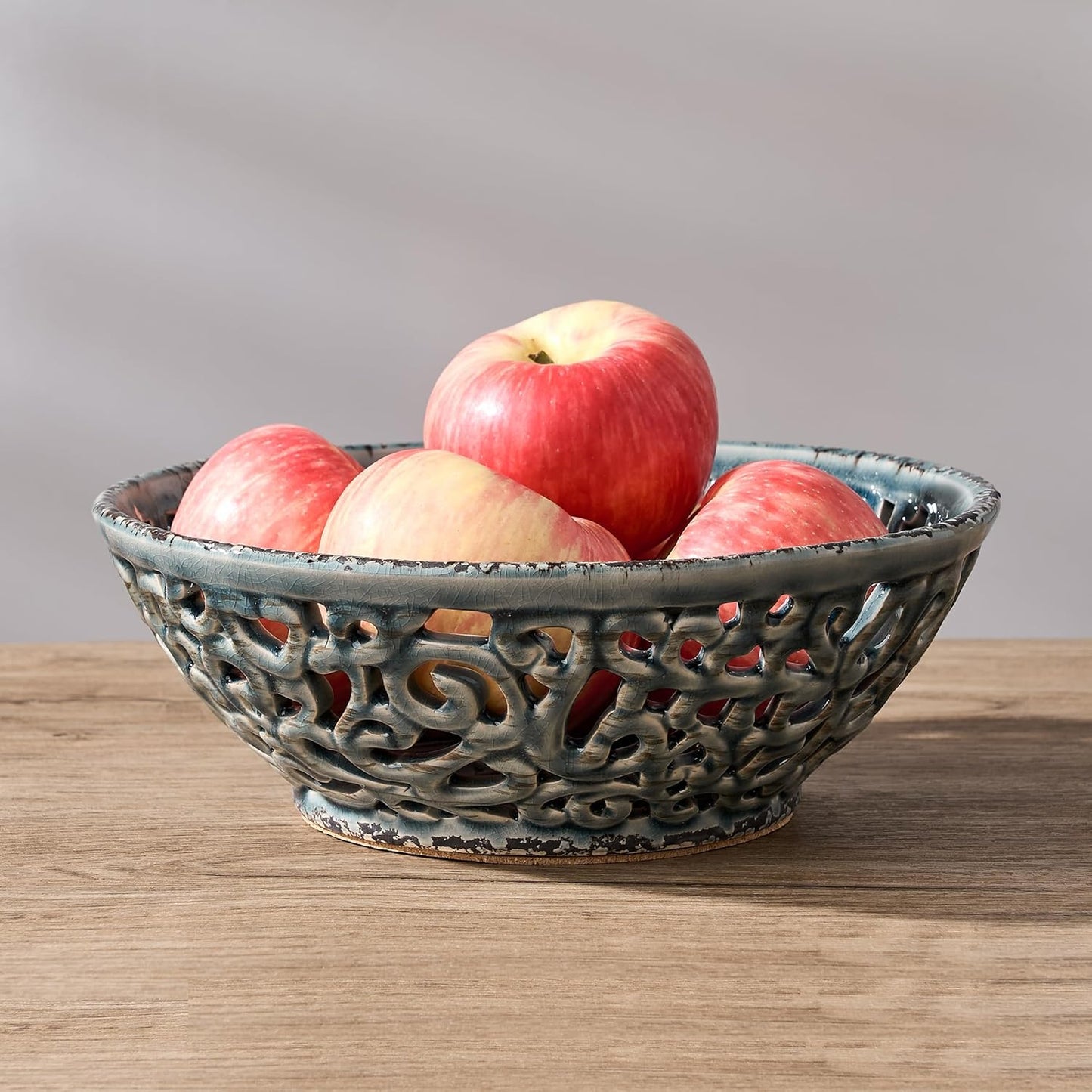 Ceramic Fruit Bowl for Kitchen Counter,Decorative Fruit Basket with Holes, 10.43" Large Hollow Out Fruit Vegetable Holder Bowl for Table Decor, Gray