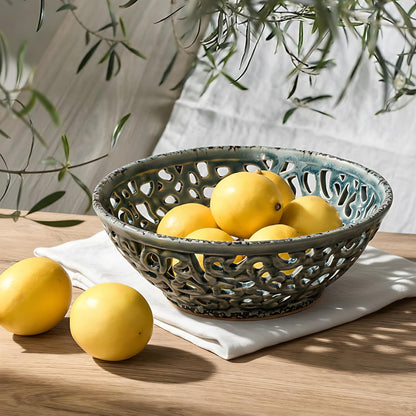 Ceramic Fruit Bowl for Kitchen Counter,Decorative Fruit Basket with Holes, 10.43" Large Hollow Out Fruit Vegetable Holder Bowl for Table Decor, Gray