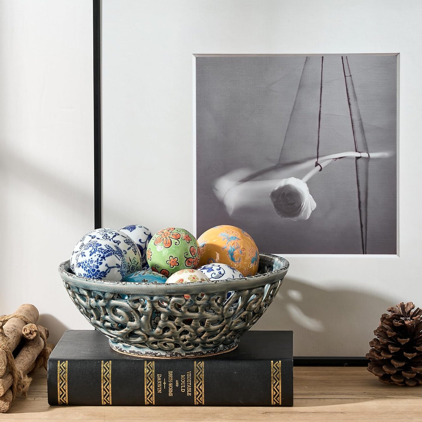 Ceramic Fruit Bowl for Kitchen Counter,Decorative Fruit Basket with Holes, 10.43" Large Hollow Out Fruit Vegetable Holder Bowl for Table Decor, Gray