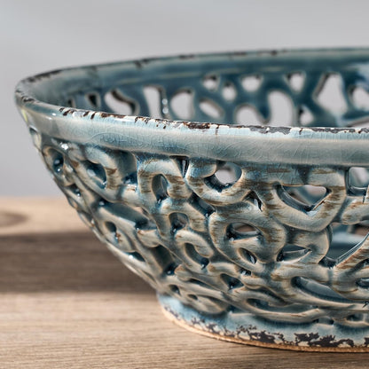 Ceramic Fruit Bowl for Kitchen Counter,Decorative Fruit Basket with Holes, 10.43" Large Hollow Out Fruit Vegetable Holder Bowl for Table Decor, Gray