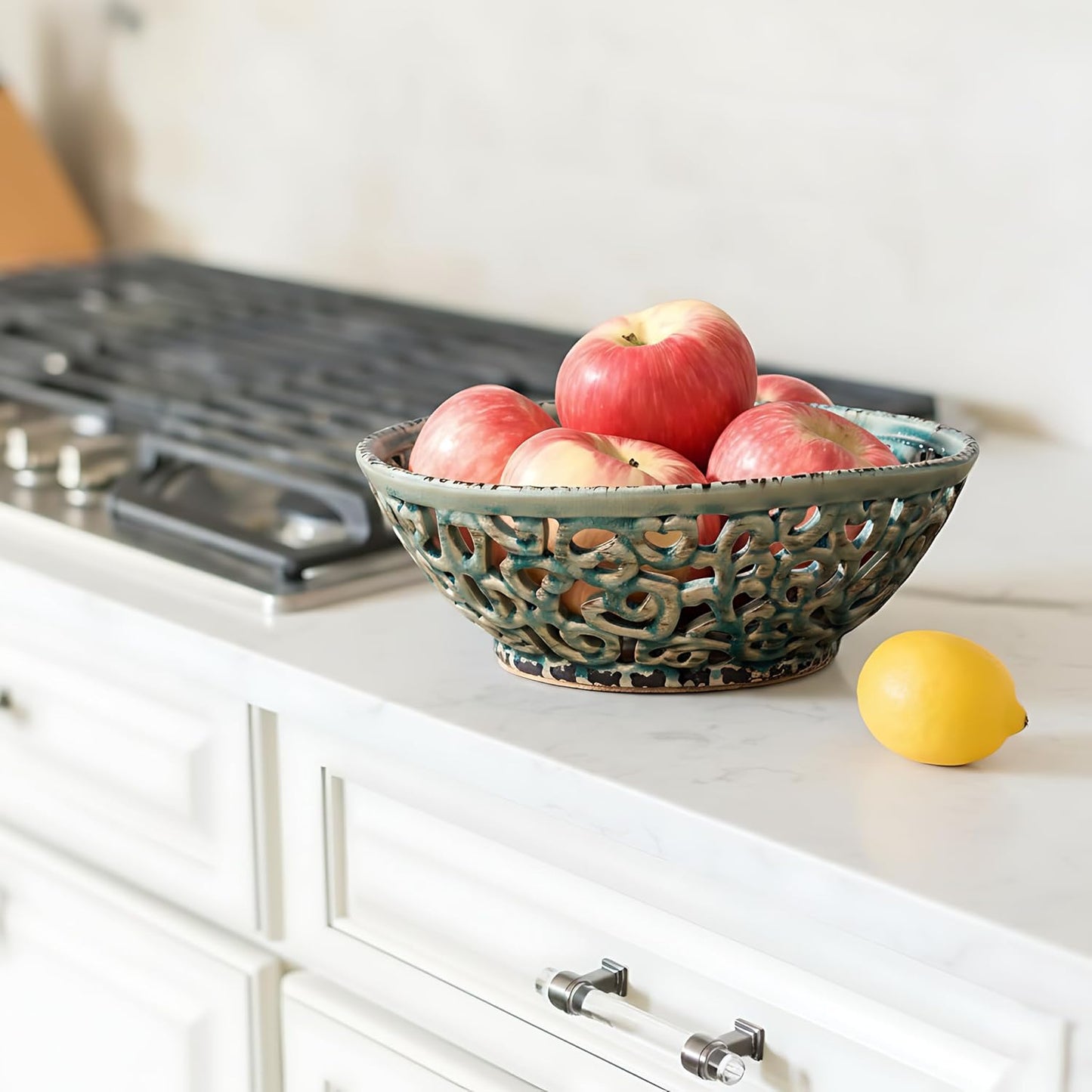 Ceramic Fruit Bowl for Kitchen Counter,Decorative Fruit Basket with Holes, 10.43" Large Hollow Out Fruit Vegetable Holder Bowl for Table Decor, Gray