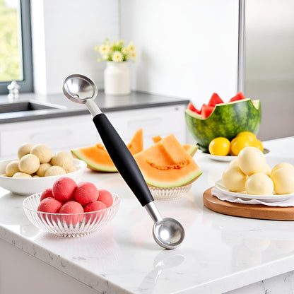 1Pc Black Double-Sided Fruit Melon Baller Spoon 2 in 1 Stainless Steel Melon Ballers Melon Scoop for Watermelon Cantaloupe Icecream Ball,18cm,Fruit and Vegetable Tools,Melon Ballers,Kitchen