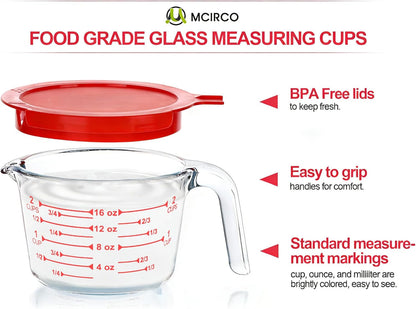 6 Pcs Glass Measuring Cups with Lids Set, 1-Cup, 2-Cup, 4-Cup Measuring Jugs with Handle, Nesting Liquid Measuring Cups for Kitchen