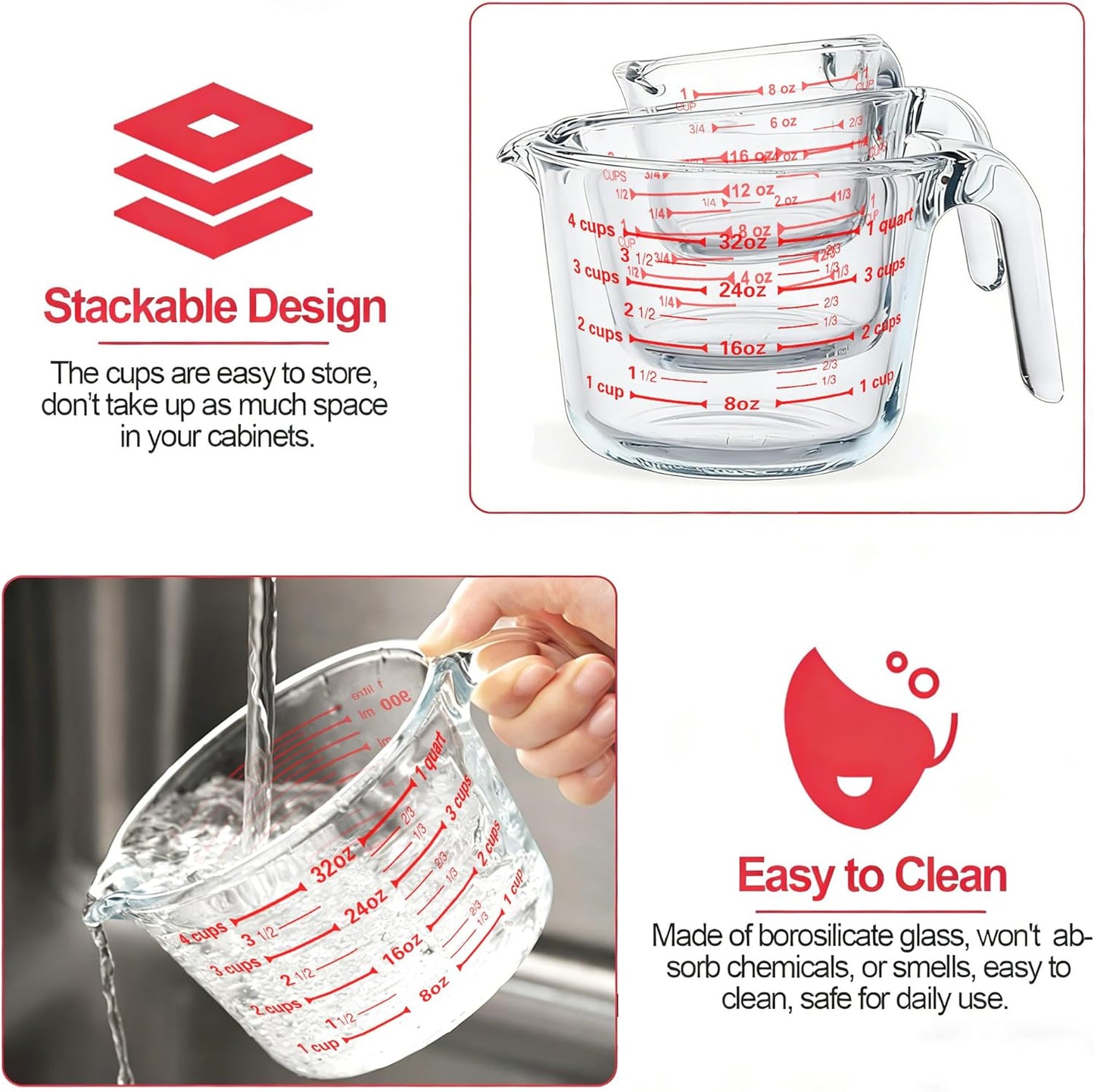 6 Pcs Glass Measuring Cups with Lids Set, 1-Cup, 2-Cup, 4-Cup Measuring Jugs with Handle, Nesting Liquid Measuring Cups for Kitchen