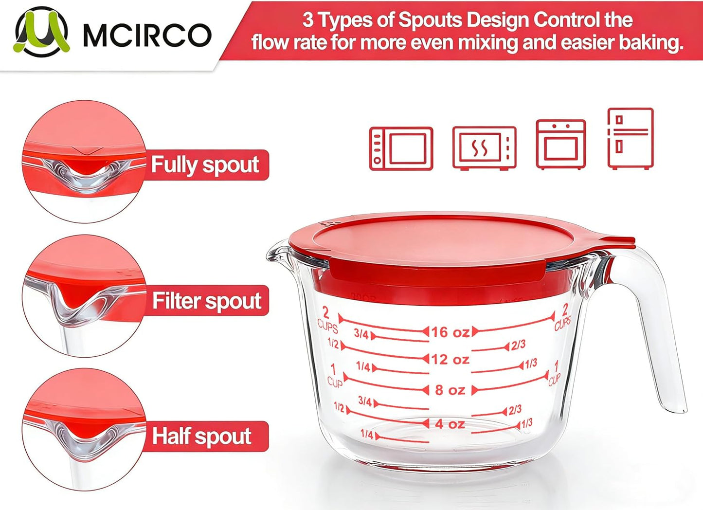 6 Pcs Glass Measuring Cups with Lids Set, 1-Cup, 2-Cup, 4-Cup Measuring Jugs with Handle, Nesting Liquid Measuring Cups for Kitchen