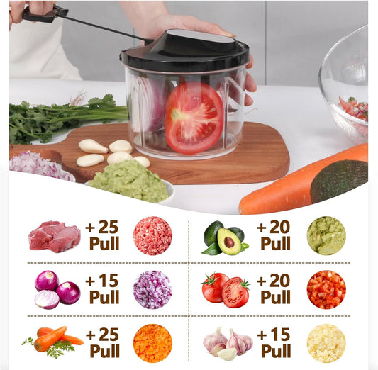 Manual Food Processor Large Vegetable Chopper, 1000ML Pull String Chopper Garlic Mincer Onion Cutter for Veggies,Salad,Fruits, Nuts, BPA Free, Black