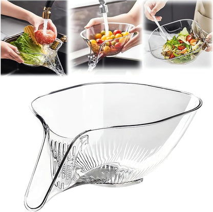 Multi-functional Drain Basket - 2024 New Fruit Cleaning Bowl with Strainer Container, Kitchen Sink Food Catcher Drainer Rinser Vegetable Washing Filter over the Colander (Clear)