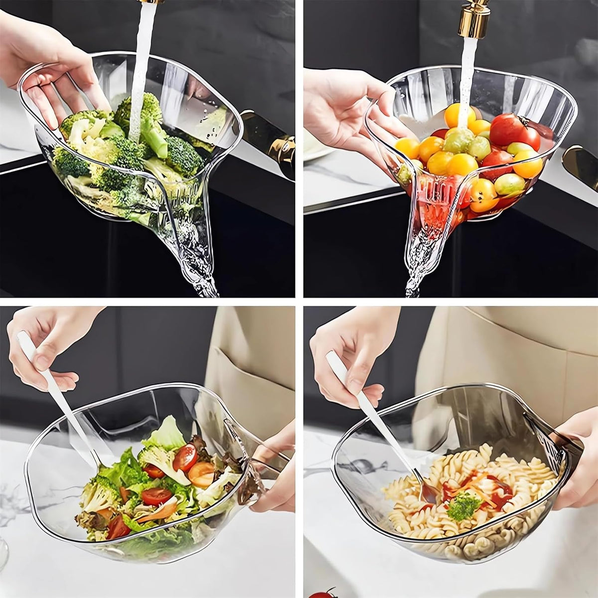 Multi-functional Drain Basket - 2024 New Fruit Cleaning Bowl with Strainer Container, Kitchen Sink Food Catcher Drainer Rinser Vegetable Washing Filter over the Colander (Clear)