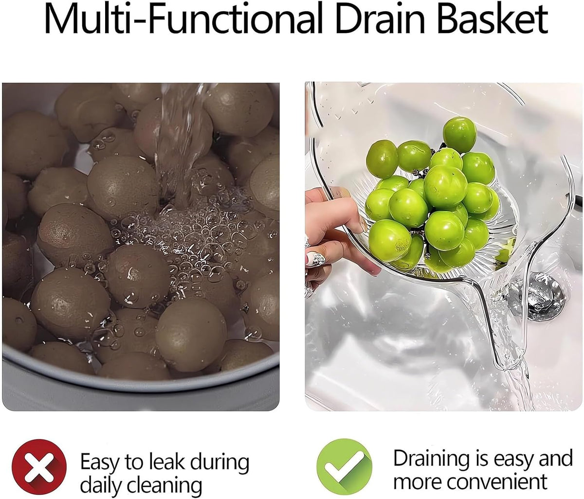 Multi-functional Drain Basket - 2024 New Fruit Cleaning Bowl with Strainer Container, Kitchen Sink Food Catcher Drainer Rinser Vegetable Washing Filter over the Colander (Clear)