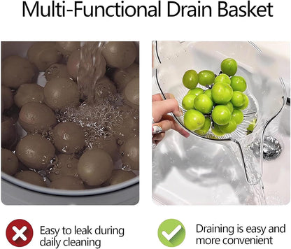 Multi-functional Drain Basket - 2024 New Fruit Cleaning Bowl with Strainer Container, Kitchen Sink Food Catcher Drainer Rinser Vegetable Washing Filter over the Colander (Clear)