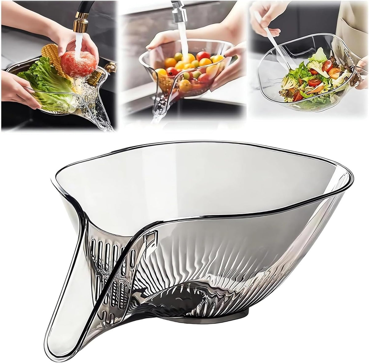 Multi-functional Drain Basket - 2024 New Fruit Cleaning Bowl with Strainer Container, Kitchen Sink Food Catcher Drainer Rinser Vegetable Washing Filter over the Colander (Clear)