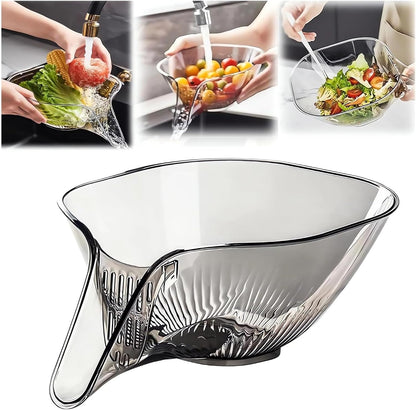 Multi-functional Drain Basket - 2024 New Fruit Cleaning Bowl with Strainer Container, Kitchen Sink Food Catcher Drainer Rinser Vegetable Washing Filter over the Colander (Clear)