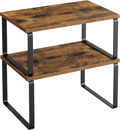 Cabinet Organizer Shelf, Set of 2 Kitchen Counter Shelves, Kitchen Storage, Spice Rack, Stackable, Expandable, Metal and Engineered Wood, 11.7 Inches, Ink Black and Natural Beige UKCS02NB