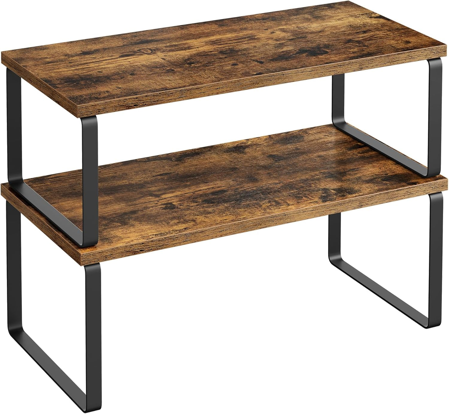 Cabinet Organizer Shelf, Set of 2 Kitchen Counter Shelves, Kitchen Storage, Spice Rack, Stackable, Expandable, Metal and Engineered Wood, 11.7 Inches, Ink Black and Natural Beige UKCS02NB