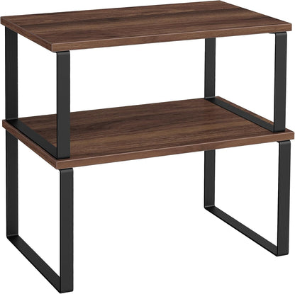 Cabinet Organizer Shelf, Set of 2 Kitchen Counter Shelves, Kitchen Storage, Spice Rack, Stackable, Expandable, Metal and Engineered Wood, 11.7 Inches, Ink Black and Natural Beige UKCS02NB
