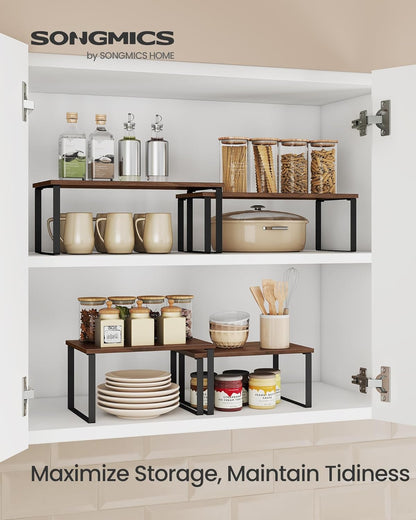 Cabinet Organizer Shelf, Set of 2 Kitchen Counter Shelves, Kitchen Storage, Spice Rack, Stackable, Expandable, Metal and Engineered Wood, 11.7 Inches, Ink Black and Natural Beige UKCS02NB