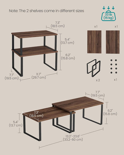 Cabinet Organizer Shelf, Set of 2 Kitchen Counter Shelves, Kitchen Storage, Spice Rack, Stackable, Expandable, Metal and Engineered Wood, 11.7 Inches, Ink Black and Natural Beige UKCS02NB