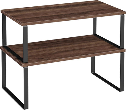 Cabinet Organizer Shelf, Set of 2 Kitchen Counter Shelves, Kitchen Storage, Spice Rack, Stackable, Expandable, Metal and Engineered Wood, 11.7 Inches, Ink Black and Natural Beige UKCS02NB