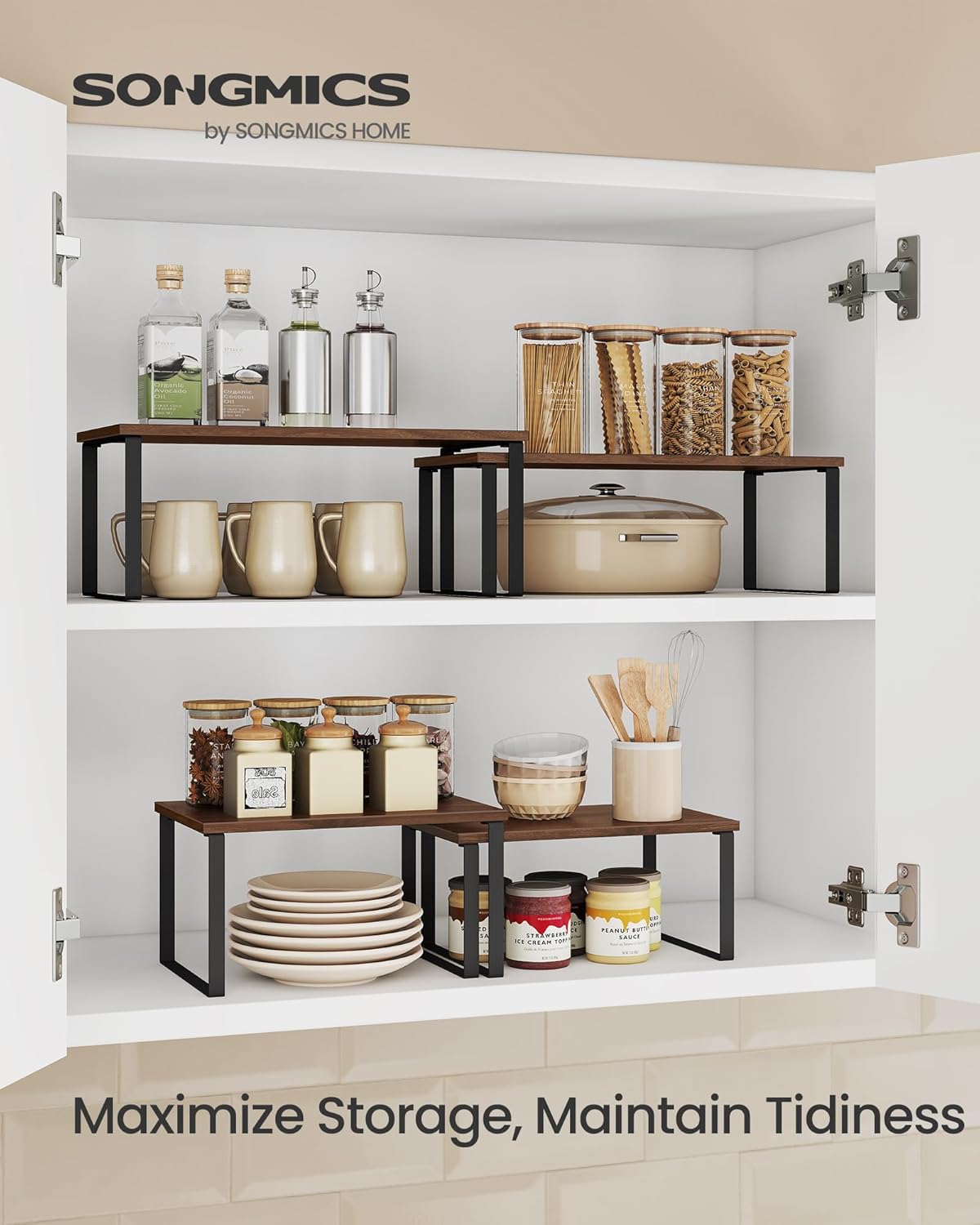 Cabinet Organizer Shelf, Set of 2 Kitchen Counter Shelves, Kitchen Storage, Spice Rack, Stackable, Expandable, Metal and Engineered Wood, 11.7 Inches, Ink Black and Natural Beige UKCS02NB