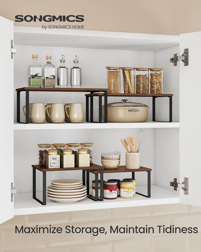 Cabinet Organizer Shelf, Set of 2 Kitchen Counter Shelves, Kitchen Storage, Spice Rack, Stackable, Expandable, Metal and Engineered Wood, 11.7 Inches, Ink Black and Natural Beige UKCS02NB